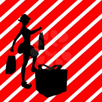 Royalty Free Clipart Image of a Shopping Elf Stepping on a Gift