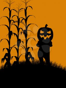 Royalty Free Clipart Image of a Jack-o-Lantern Scarecrow in a Corn Field
