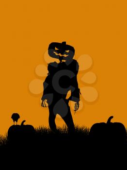 Royalty Free Clipart Image of a Jack-o-Lantern Scarecrow