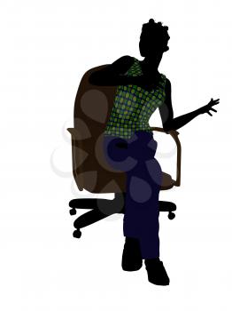 African American casual dressed female sitting on a chair silhouette on a white background