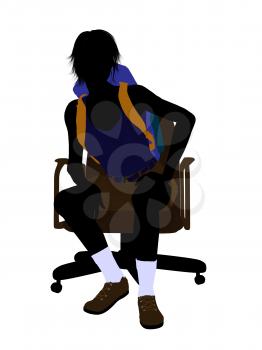 Royalty Free Clipart Image of a Woman Wearing a Backpack Sitting in a Chair