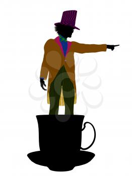 Royalty Free Clipart Image of a Man in a Hat Standing in a Teacup