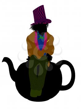 Royalty Free Clipart Image of a Man Wearing a Hat Sitting on a Teapot