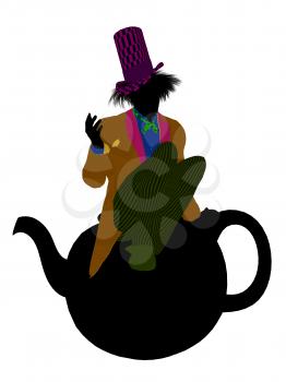 Royalty Free Clipart Image of a Man Wearing a Hat Sitting on a Teapot