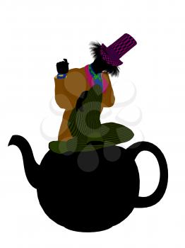 Royalty Free Clipart Image of a Man Wearing a Hat Sitting on a Teapot