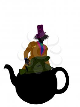 Royalty Free Clipart Image of a Man Wearing a Hat Sitting on a Teapot