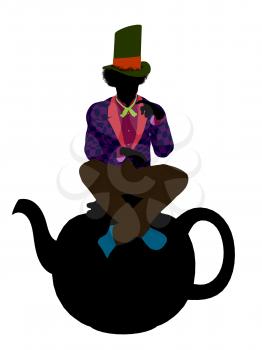 Royalty Free Clipart Image of a Man in a Hat on a Teapot