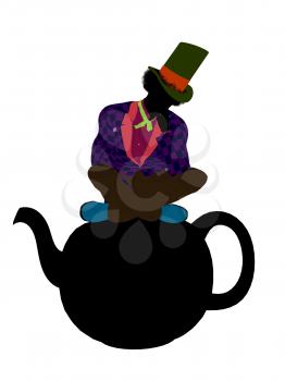 Royalty Free Clipart Image of a Man in a Hat on a Teapot