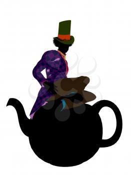 Royalty Free Clipart Image of a Man in a Hat on a Teapot