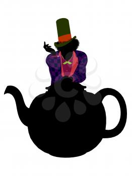 Royalty Free Clipart Image of a Man in a Hat on a Teapot