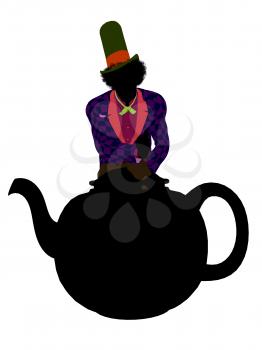 Royalty Free Clipart Image of a Man in a Hat on a Teapot