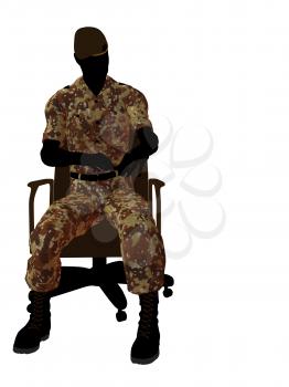 Royalty Free Clipart Image of a Soldier in an Office Chair