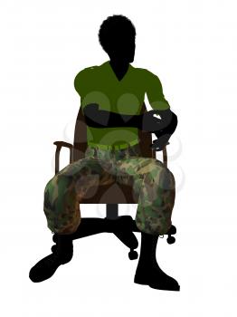 African ameircan soldier sitting on an office chair silhouette on a white background