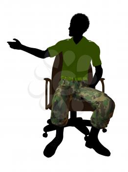 African ameircan soldier sitting on an office chair silhouette on a white background