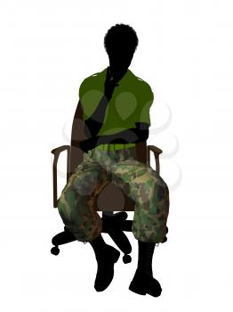 African ameircan soldier sitting on an office chair silhouette on a white background