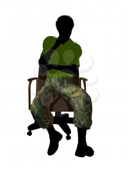 African ameircan soldier sitting on an office chair silhouette on a white background