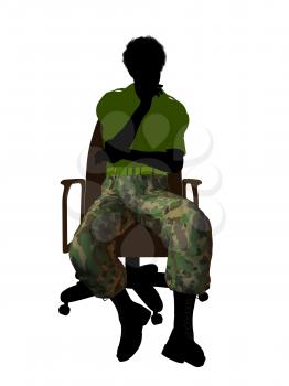 African ameircan soldier sitting on an office chair silhouette on a white background