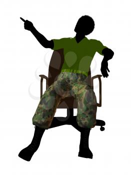 African ameircan soldier sitting on an office chair silhouette on a white background