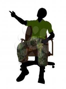 African ameircan soldier sitting on an office chair silhouette on a white background