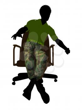 African ameircan soldier sitting on an office chair silhouette on a white background