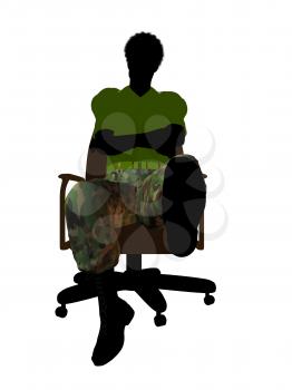 African ameircan soldier sitting on an office chair silhouette on a white background