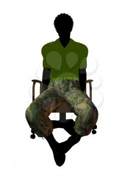 African ameircan soldier sitting on an office chair silhouette on a white background