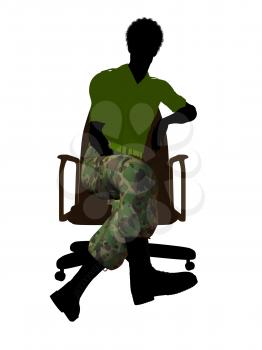 African ameircan soldier sitting on an office chair silhouette on a white background