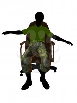 African ameircan soldier sitting on an office chair silhouette on a white background