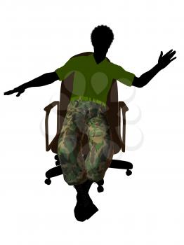 African ameircan soldier sitting on an office chair silhouette on a white background