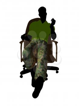 Royalty Free Clipart Image of a Man in Camouflage Pants Sitting in a Chair