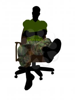 Royalty Free Clipart Image of a Man in Camouflage Pants Sitting in a Chair