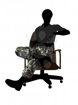 Royalty Free Clipart Image of a Man in Camouflage Pants Sitting in a Chair