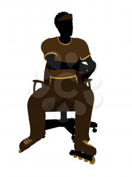 Royalty Free Clipart Image of a Man Wearing Roller Skates Sitting in a Chair