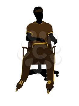 Royalty Free Clipart Image of a Man Wearing Roller Skates Sitting in a Chair