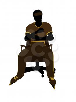 Royalty Free Clipart Image of a Man Wearing Roller Skates Sitting in a Chair