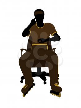 Royalty Free Clipart Image of a Man Wearing Roller Skates Sitting in a Chair