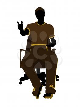 Royalty Free Clipart Image of a Man Wearing Roller Skates Sitting in a Chair