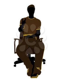 Royalty Free Clipart Image of a Man Wearing Roller Skates Sitting in a Chair