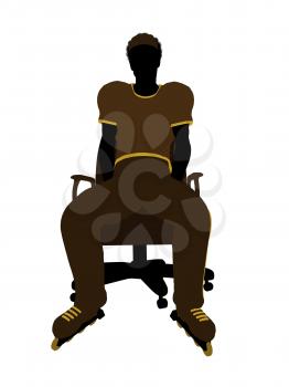 Royalty Free Clipart Image of a Man Wearing Roller Skates Sitting in a Chair