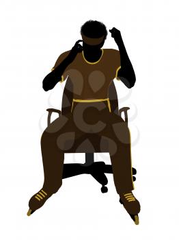 Royalty Free Clipart Image of a Man Wearing Roller Skates Sitting in a Chair