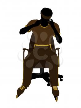 Royalty Free Clipart Image of a Man Wearing Roller Skates Sitting in a Chair