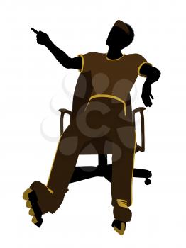 Royalty Free Clipart Image of a Man Wearing Roller Skates Sitting in a Chair