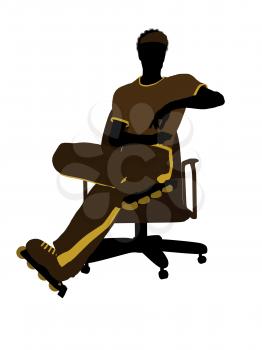 Royalty Free Clipart Image of a Man Wearing Roller Skates Sitting in a Chair