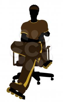 Royalty Free Clipart Image of a Man Wearing Roller Skates Sitting in a Chair