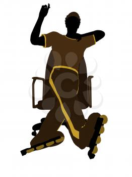 Royalty Free Clipart Image of a Man Wearing Roller Skates Sitting in a Chair