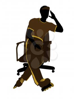 Royalty Free Clipart Image of a Man Wearing Roller Skates Sitting in a Chair