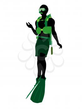 African american male scuba diver art illustration silhouette on a white background