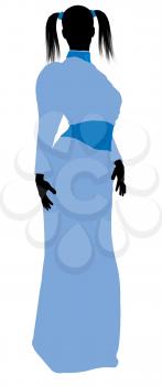 Royalty Free Clipart Image of a Woman With Pigtails Wearing a Blue Gown