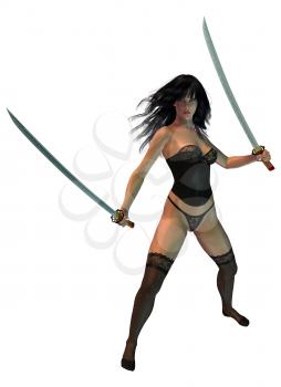 Royalty Free Clipart Image of a Woman Holding Two Swords