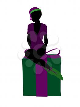 Royalty Free Clipart Image of an Elf on a Christmas Box